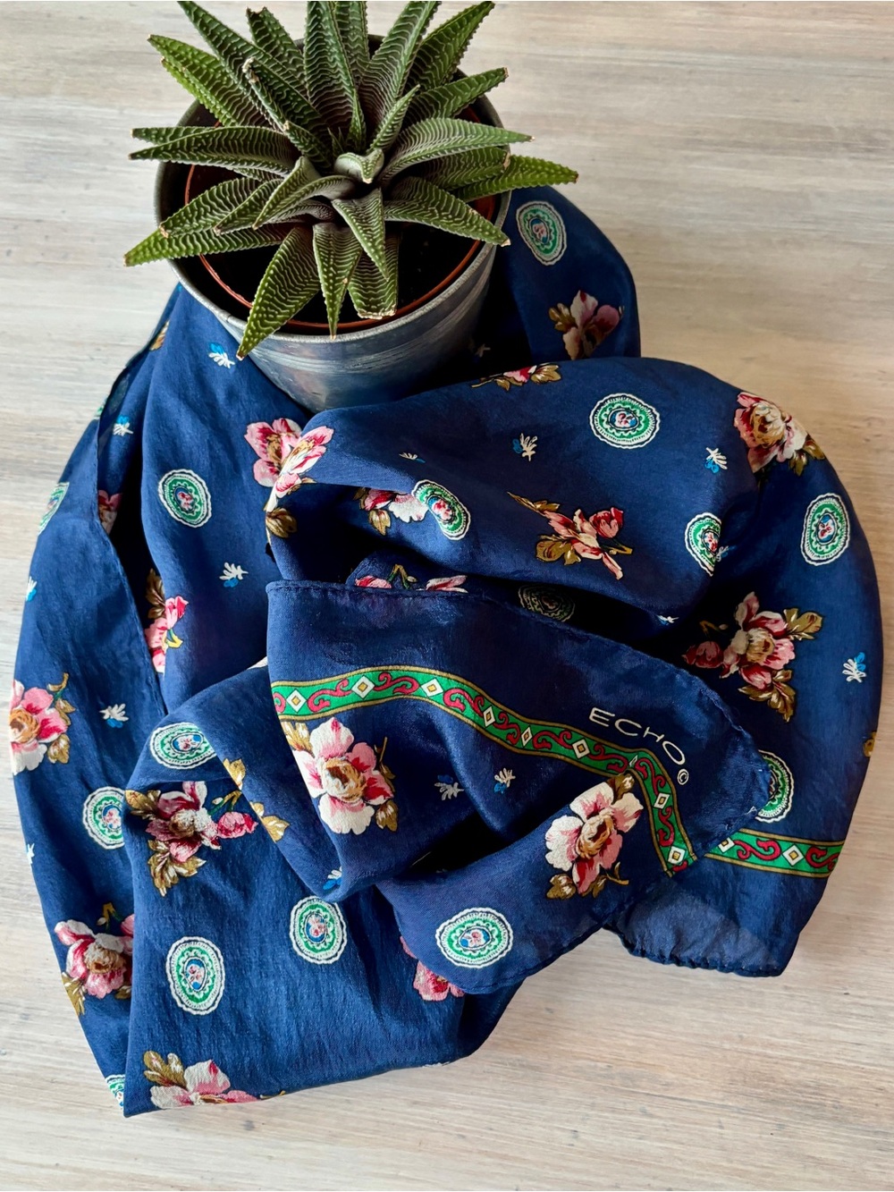 Vintage Echo 100% Silk Navy Floral Scarf.